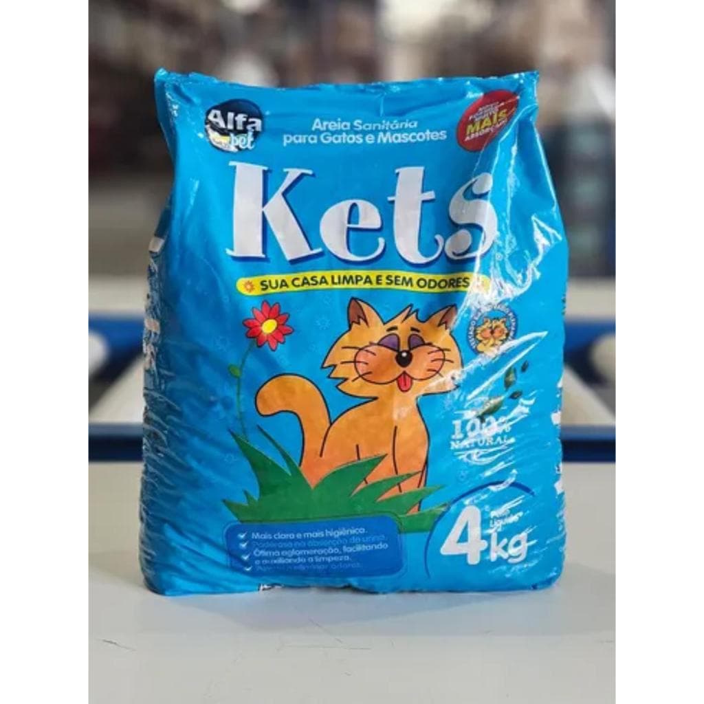 Areia Sanitária KETS 12kg - absorção rápida, controle de odores,3 pacotes de 4kg, ideal para um ou mais gatos.