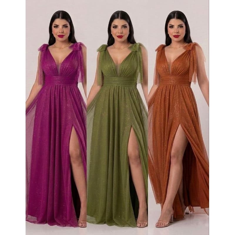 Vestido de Festa Longo Madrinha Oliva Rose Terracota Lilas Fucisa