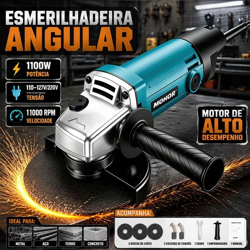 Kit Esmerilhadeira Angular 1100W Profissional Sander Grinder com Discos de Corte Punho Auxiliar e Electric