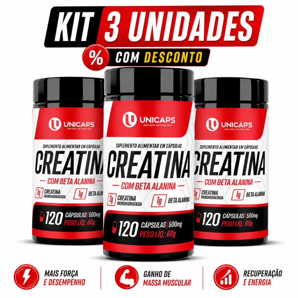 Kit 3 Creatina Monohidratada + Beta Alanina Original 360 Cápsulas Pré Treino Massa Muscular Unicaps