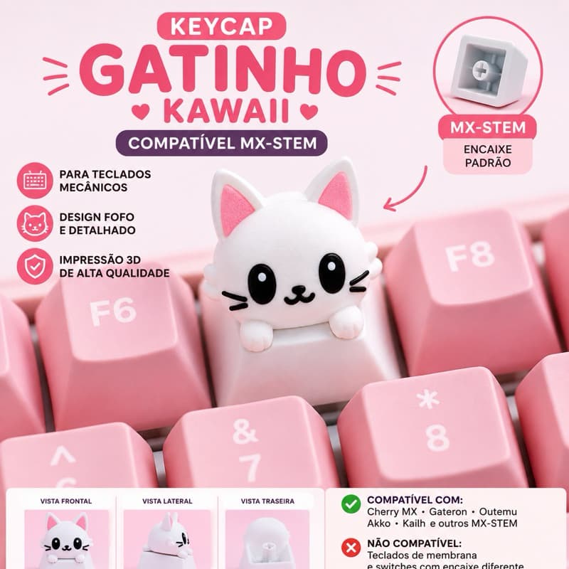 Keycap Gatinho Kawaii MX Switch Teclado Mecânico Rosa Gamer