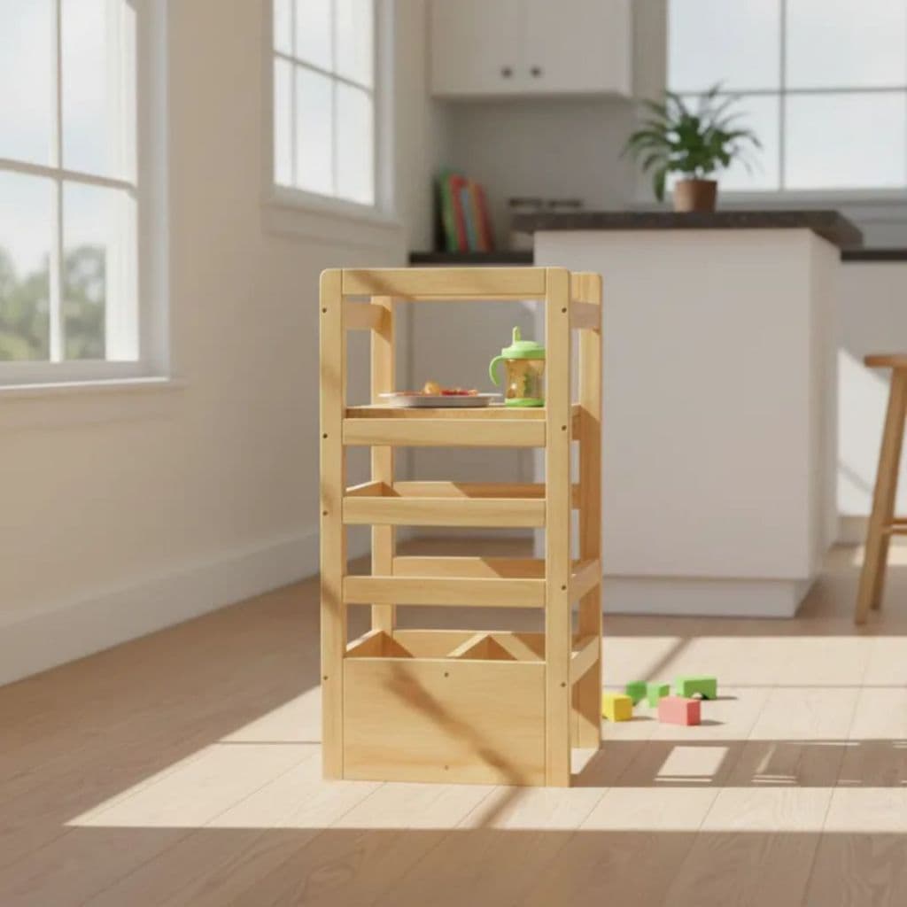 Torre Aprendizagem Montessoriana Cadeira Alimentação Madeira Pinus Verniz