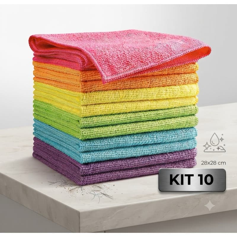 ⁠Kit 10 Panos De Microfibra 28x28 Multiuso Limpeza Cozinha Carro
