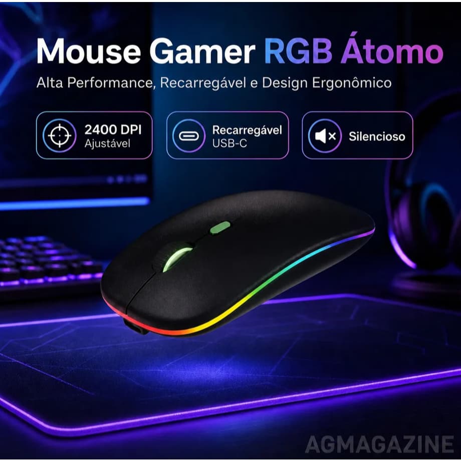 Mouse Sem Fio Recarregável Wireles Sem Fio Optico Led Rgb Ergonômico