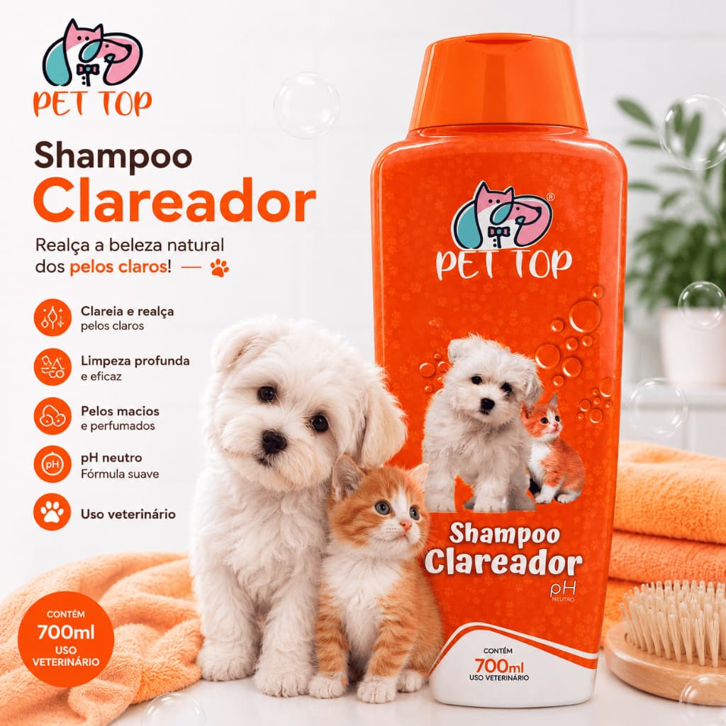 Shampoo Clareador Pet Top 700ml para Cães e Gatos Pelos Claros pH Neutro Brilho e Limpeza