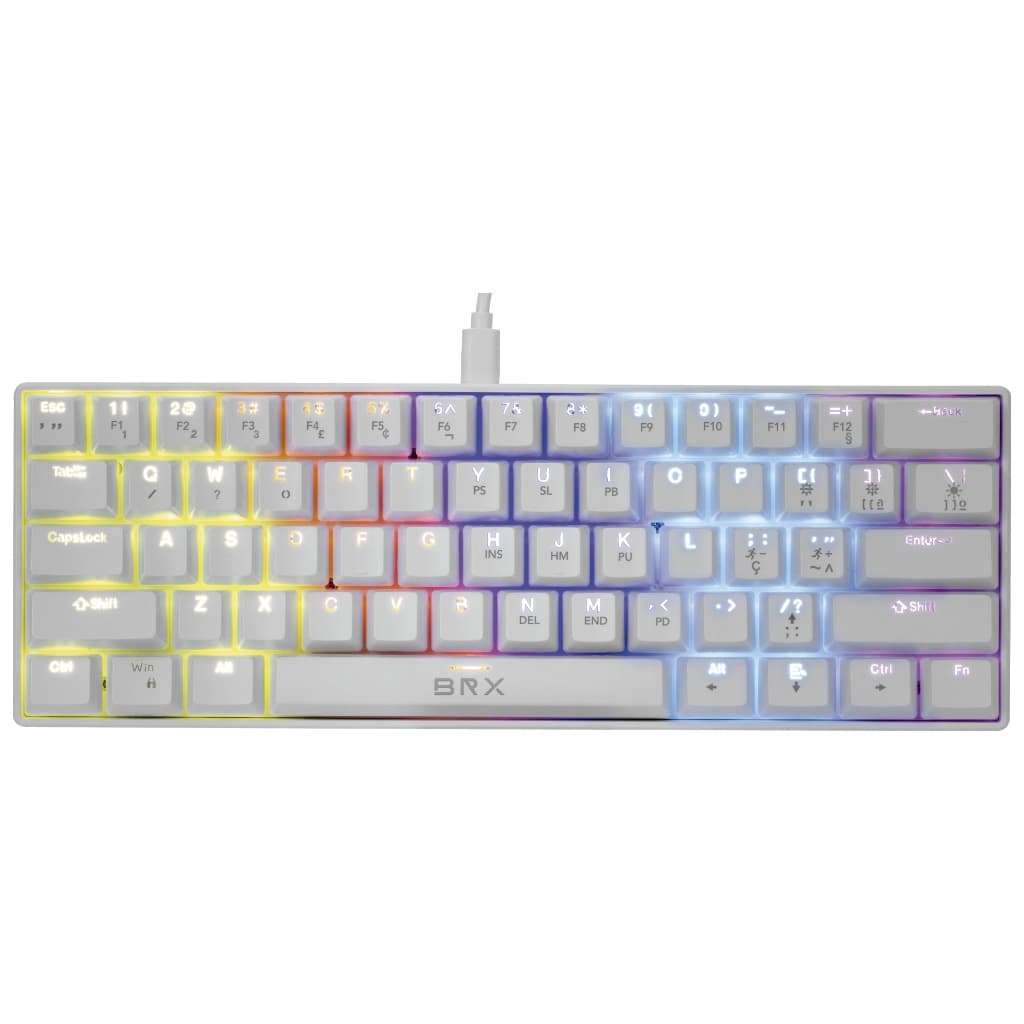 Teclado Mecânico Gamer BRX Branco MW405 60% RGB Switch Azul USB Compacto 61 Teclas Anti-Ghosting