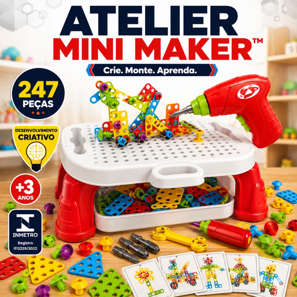 🏆 Mesa Educativa Criativa Infantil 247 Peças com Furadeira Brinquedo Educativo Montagem 3D 🎨