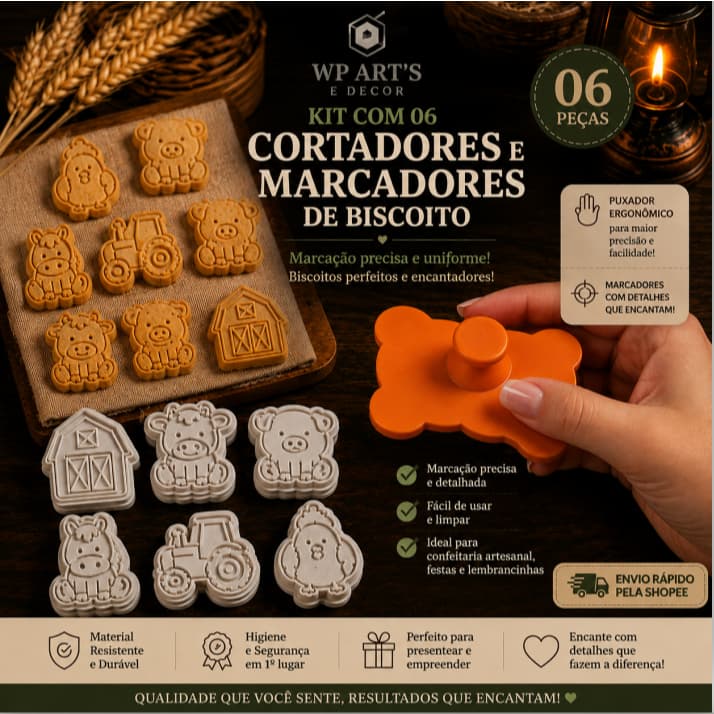 Kit 6 Cortadores e Marcadores de Biscoito Fazendinha 6cm Puxador  Confeitaria Massinha Fondant Biscuit Americana Modelar