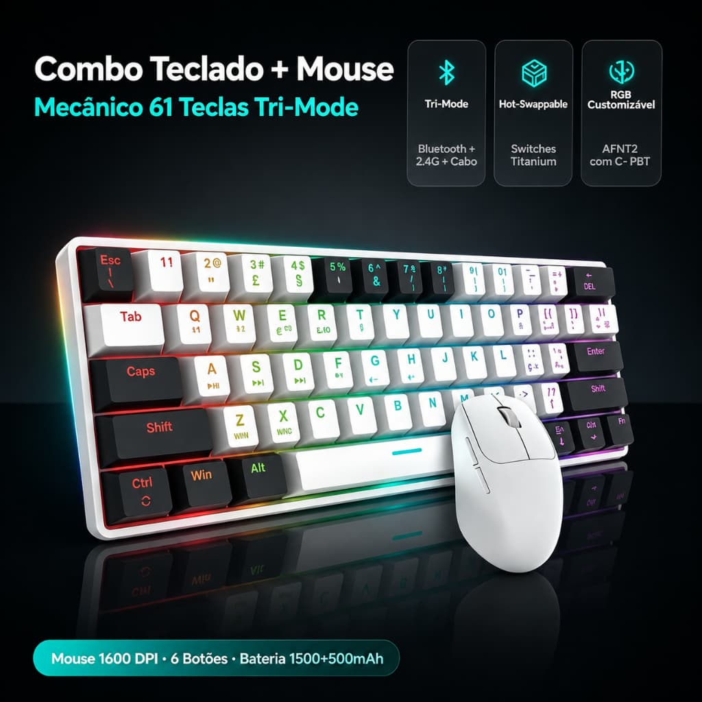 Combo Teclado Mecânico 61 Teclas ABNT2 Tri‑Mode Hot‑Swap RGB + Mouse Sem Fio DPI Ajustável PBT Trabalho Jogo Windows Mac