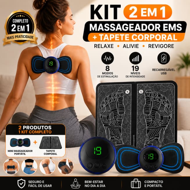 Kit Massageador Elétrico EMS 2 em 1 + Tapete Massageador Corporal 8 Modos 19 Intensidades Recarregável USB