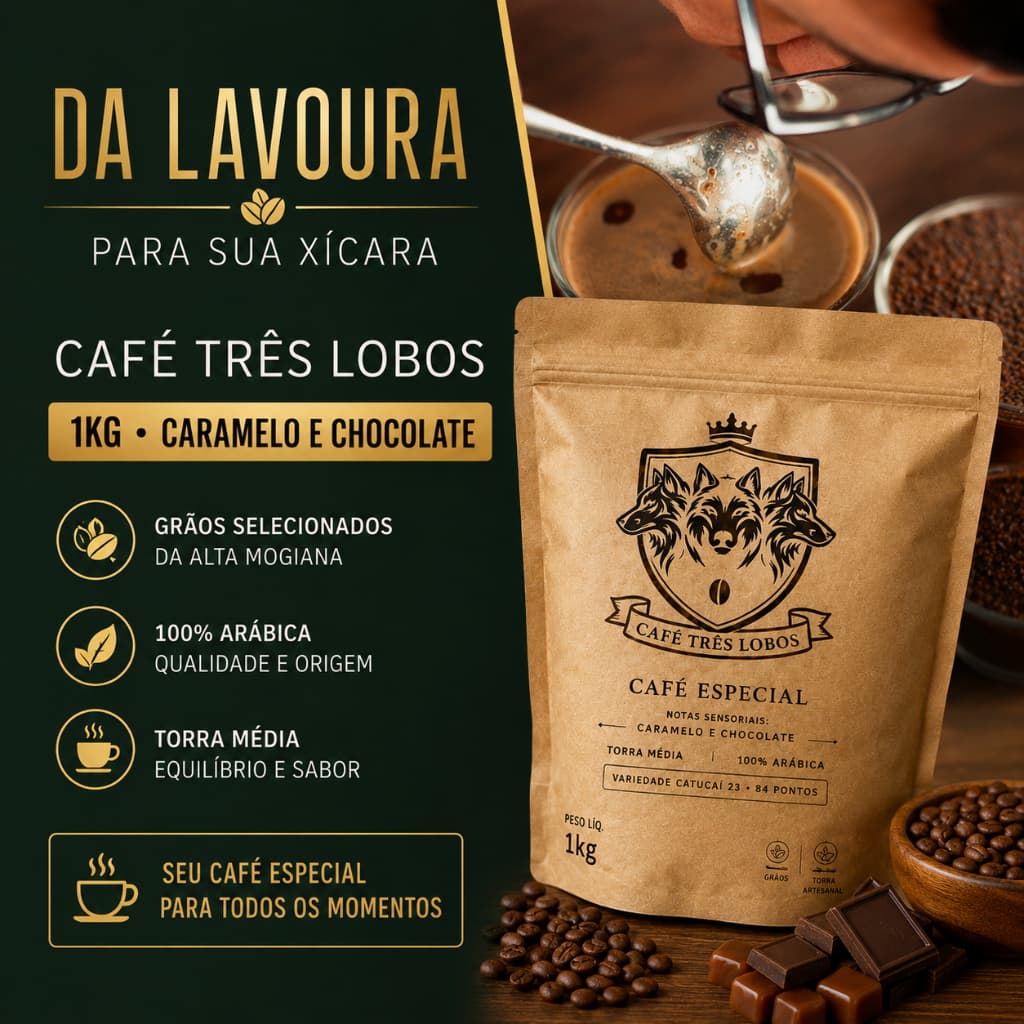 Café Três Lobos em grão e moído 1kg caramelo e chocolate alta mogiana