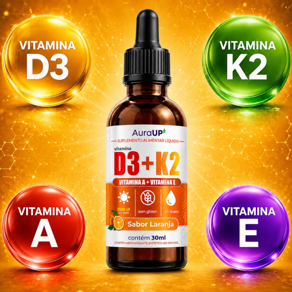 Vitamina D3 K2 MK7 A E ADEK concentrada em Gotas 2000UI Suplemento Alimentar 30ml AuraUP Sublingual