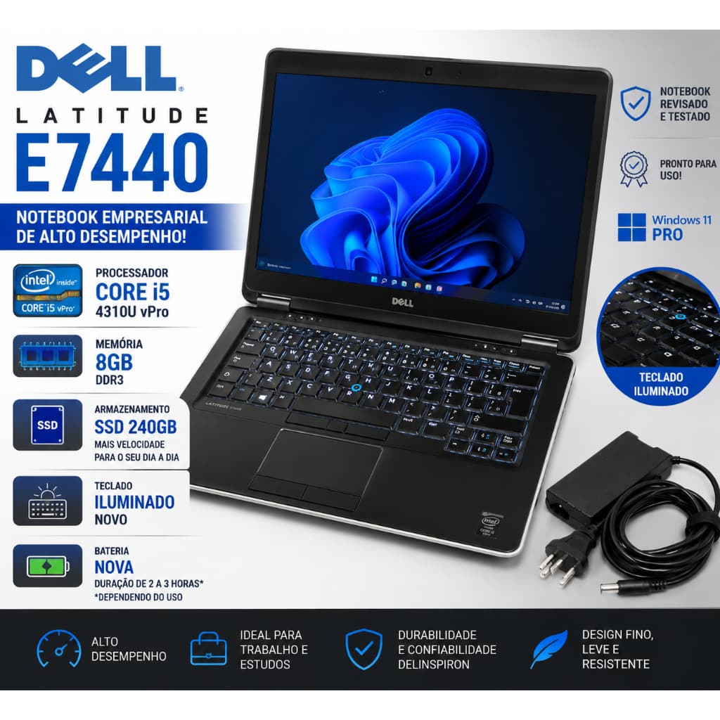 Notebook Dell Latitude E7440 Core i5 4310U 8GB SSD 240GB Teclado Iluminado