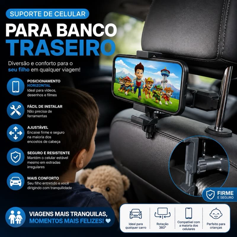 Suporte Celular para Encosto de Cabeça Banco Traseiro do Carro – Ajustável e Universal