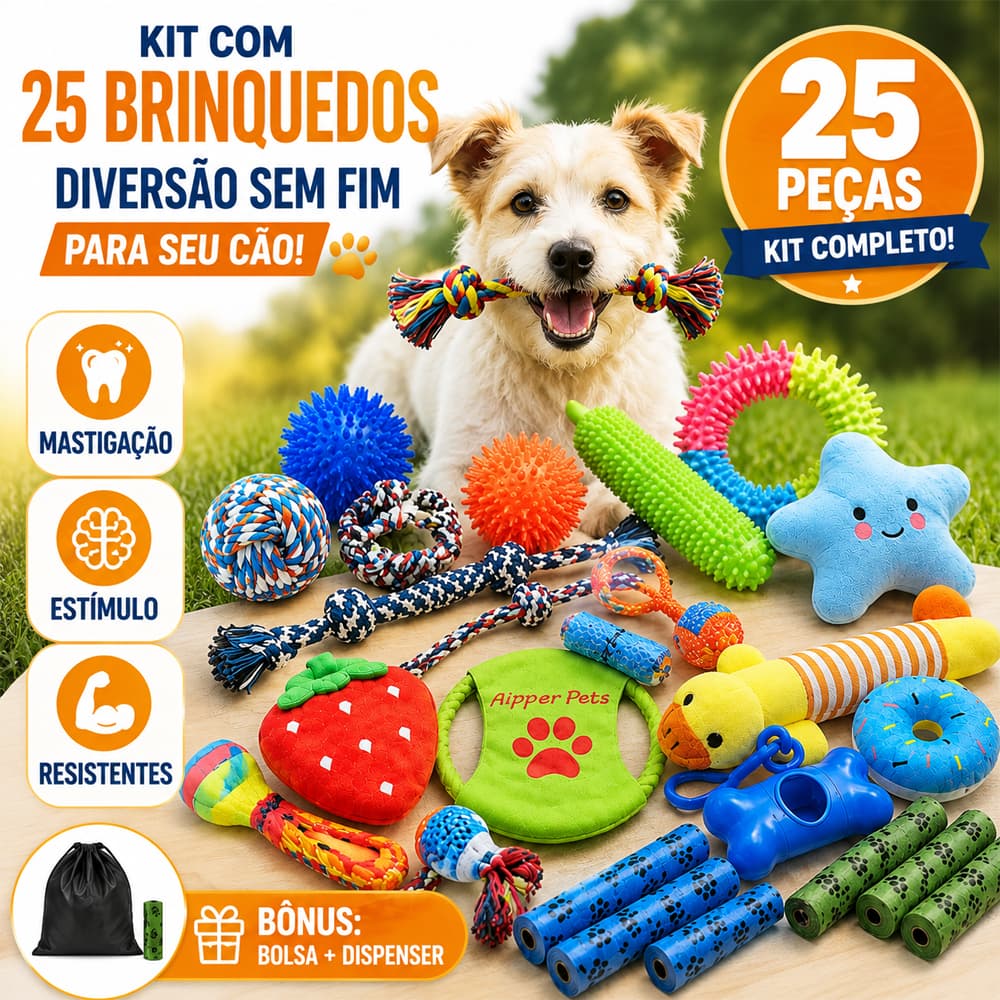 Kit 9/25 Brinquedos para Cachorro Mordedor Pet, Brinquedo Interativo com Corda e Apito, Diversão e Treinamento