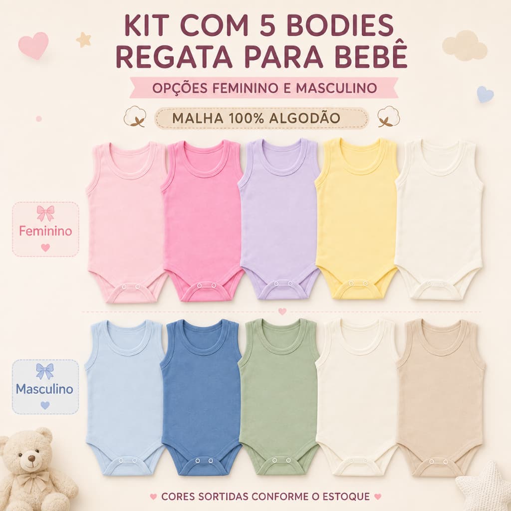 Kit Enxoval 5 Body Regata Sem Manga Liso Infantil Bebê Menino Menina 100% Algodão