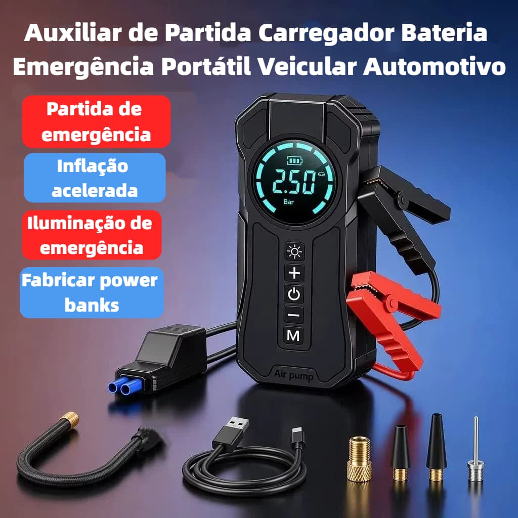 Auxiliar de Partida Carregador Bateria Com Compressor de Ar Emergência Portátil Veicular Automotivo XP366