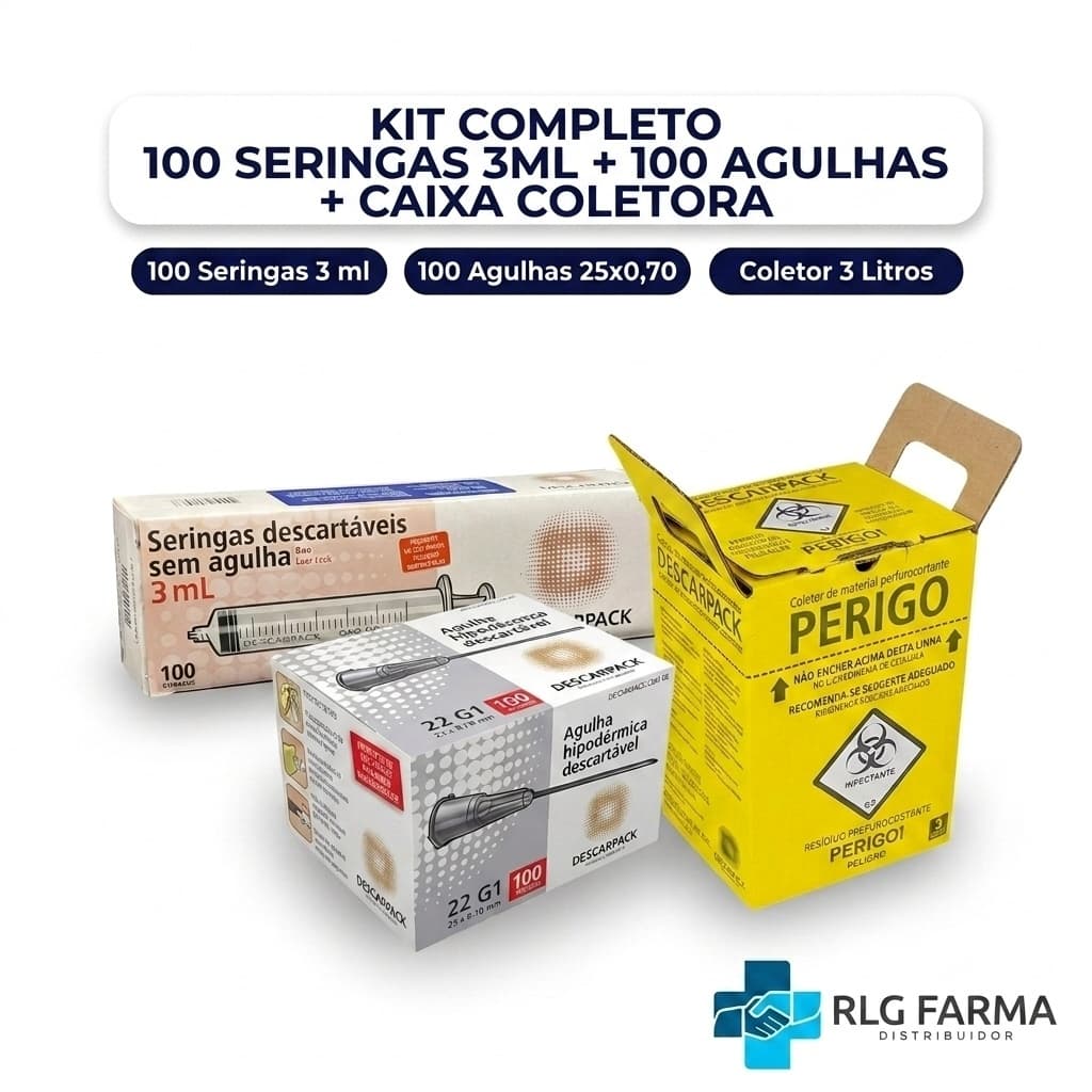 Kit 100 Seringas 3ml Luer Lock + 100 Agulhas 25x0,70mm + Caixa Coletora 3L Descarpack **ENTREGA IMEDIATA**