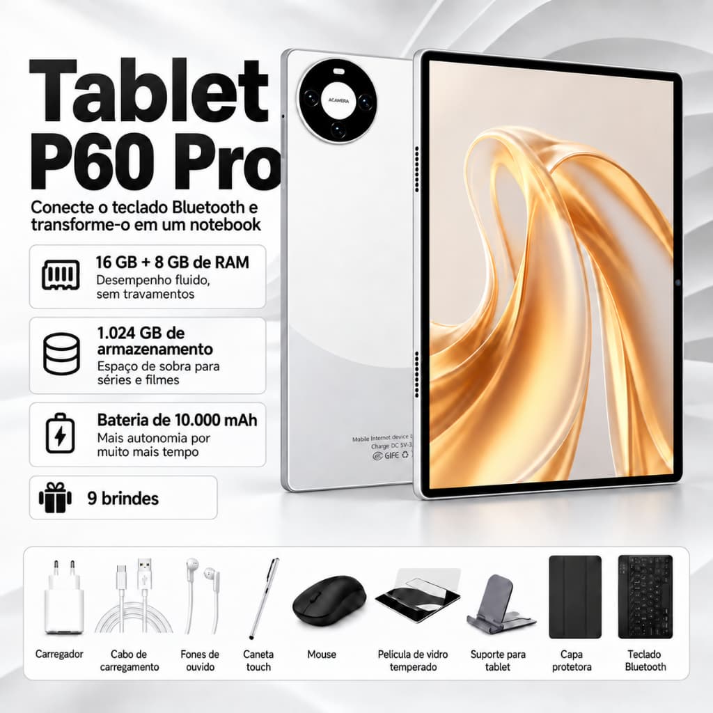 Tablet Android 11.6'' 24GB RAM 16+8GB 1TB 1024GB 10 Core Bateria 10000mAh WiFi Dual Band com Teclado