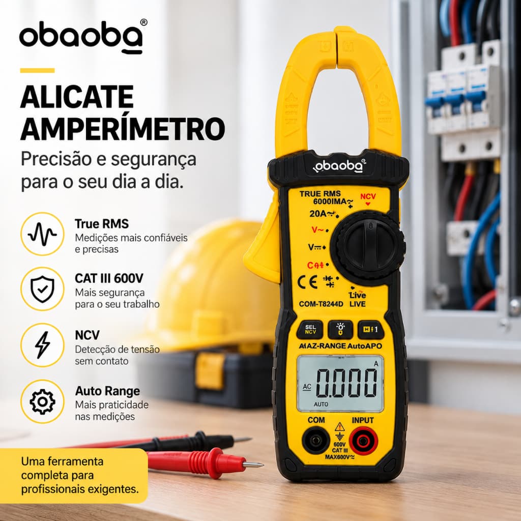 Alicate Amperímetro Digital True RMS CAT III 600V NCV Auto Range 600A Multímetro Profissional com Lanterna e Bolsa