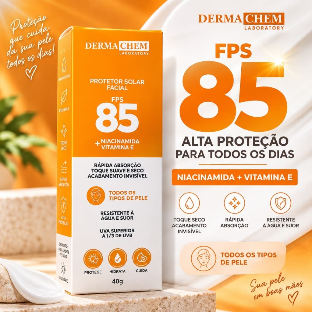 PROTETOR SOLAR FACIAL FPS 85 TOQUE SUAVE E SECO ORIGINAL DERMACHEM 40G