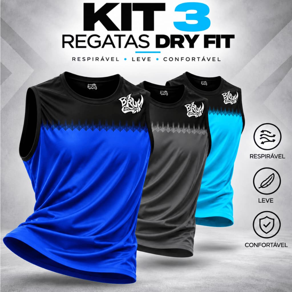 Kit 3 Regatas Masculinas Dry Fit Premium Moda Fitness Academia Treino Musculação CrossFit Corrida Leve