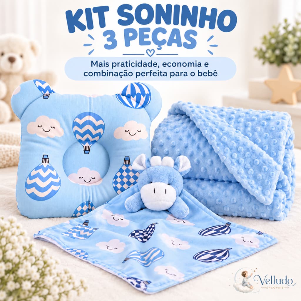 Kit Enxoval Bebê 3 Peças Manta Pipoquinha Naninha Porta-Chupeta Travesseiro Anatômico