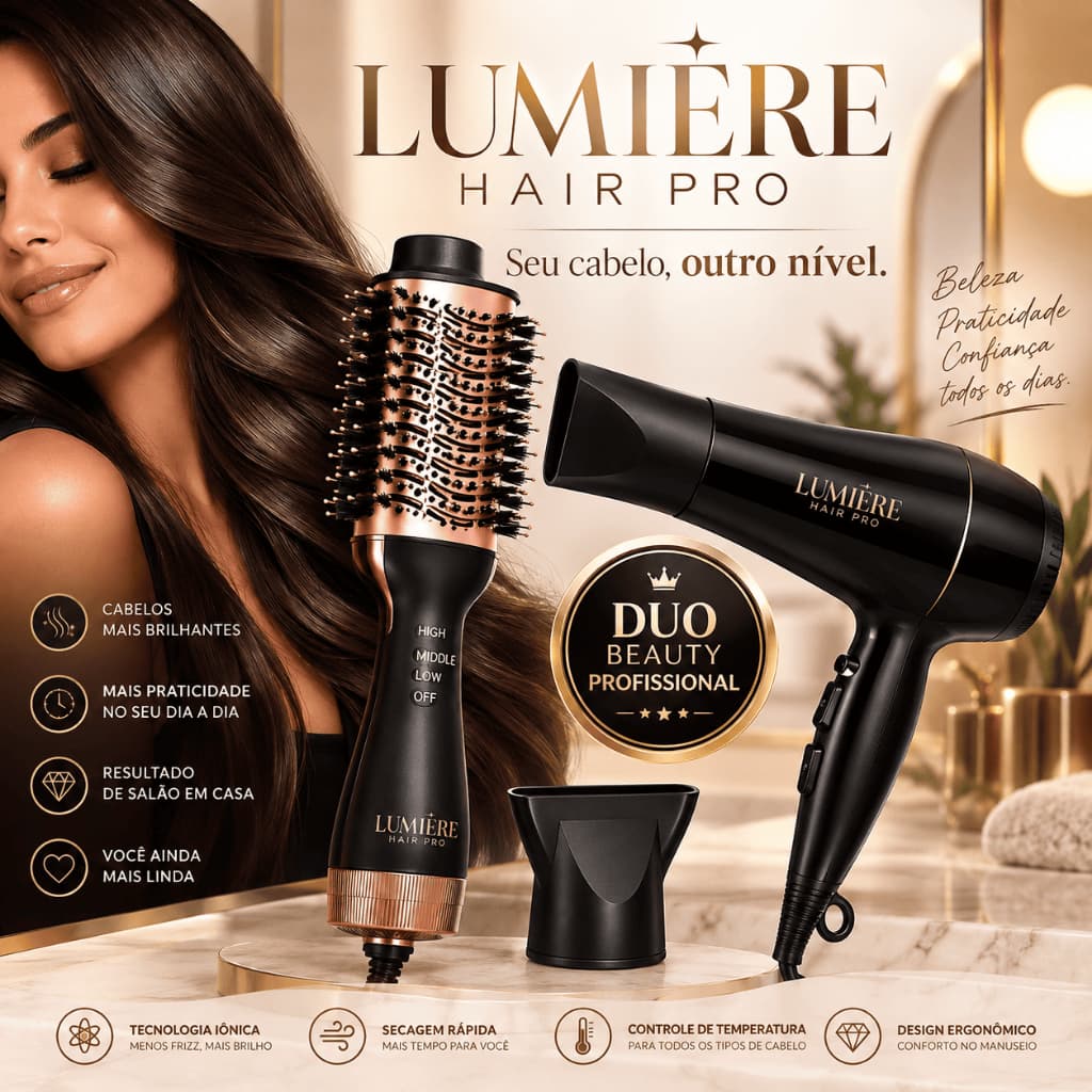 Kit Lumière Hair Pro Escova Secadora + Secador Profissional 1800W Preta Cabelo Secador Alisar
