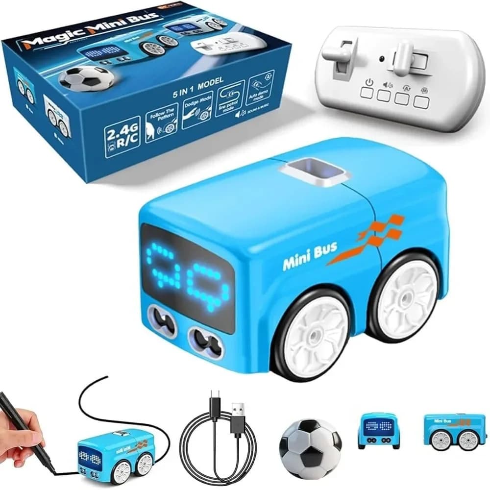 Carrinho Controle Remoto 2.4G Mini Ônibus Robô 4 Modos Segue Linha Desvia Obstáculos LED Recarregável Infantil