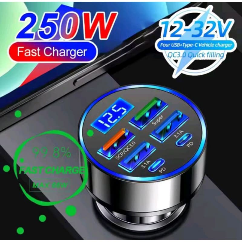 Carregador Veicular PD 250W QC3.0 Com Carregamento Rápido,Plugue De acendedor De Cigarros Com 5 Portas E Display Digital