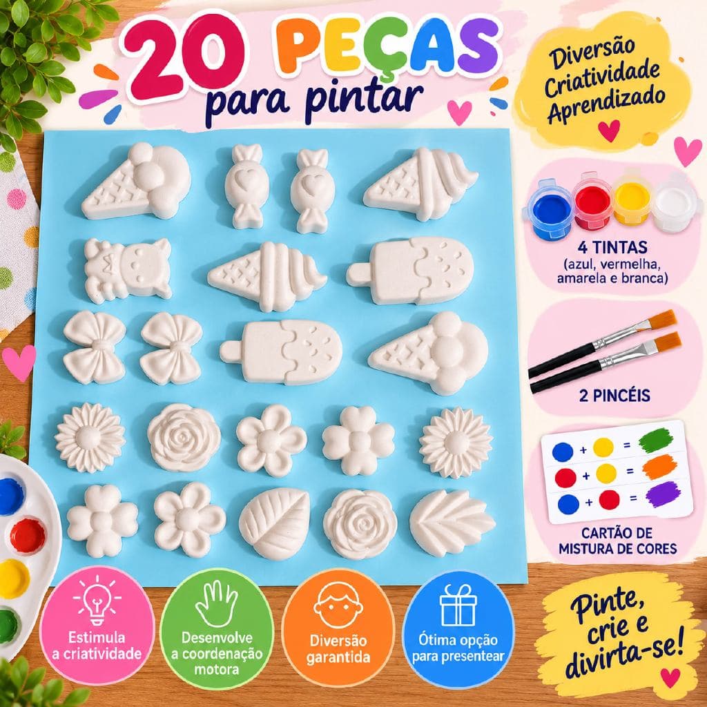 Brinquedo Educativo para Pintar | Peças de Gesso para pinta| Brinquedo Educativo Criativo  Tintas e Pincéis