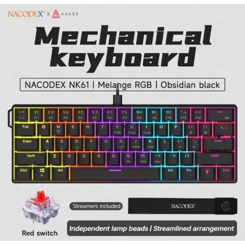 Teclado Mecânico com Fio AJAZZ NK61,61 teclas,Switch Vermelho,RGB,Teclado para Jogos