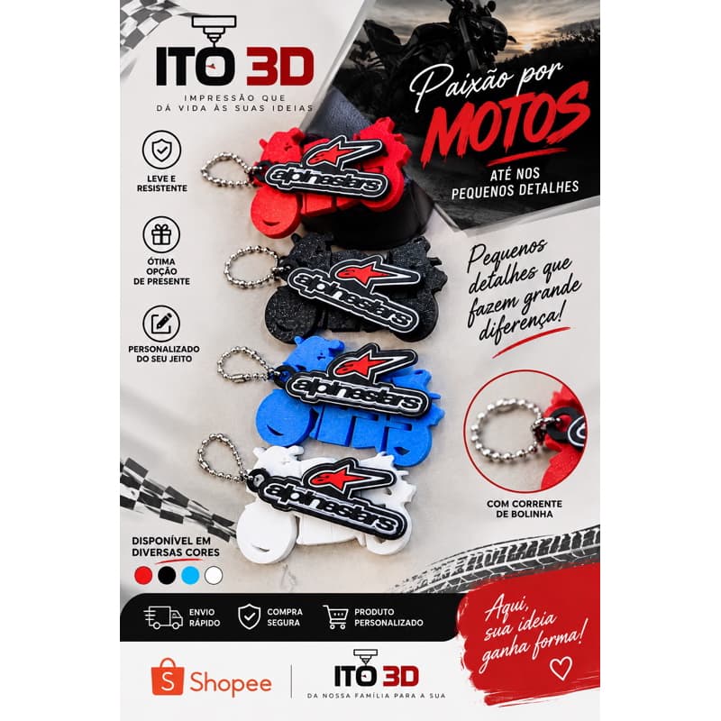 Chaveiro Moto Personalizado 3D – Motociclista – Acessório para Chave de Moto – Várias Cores