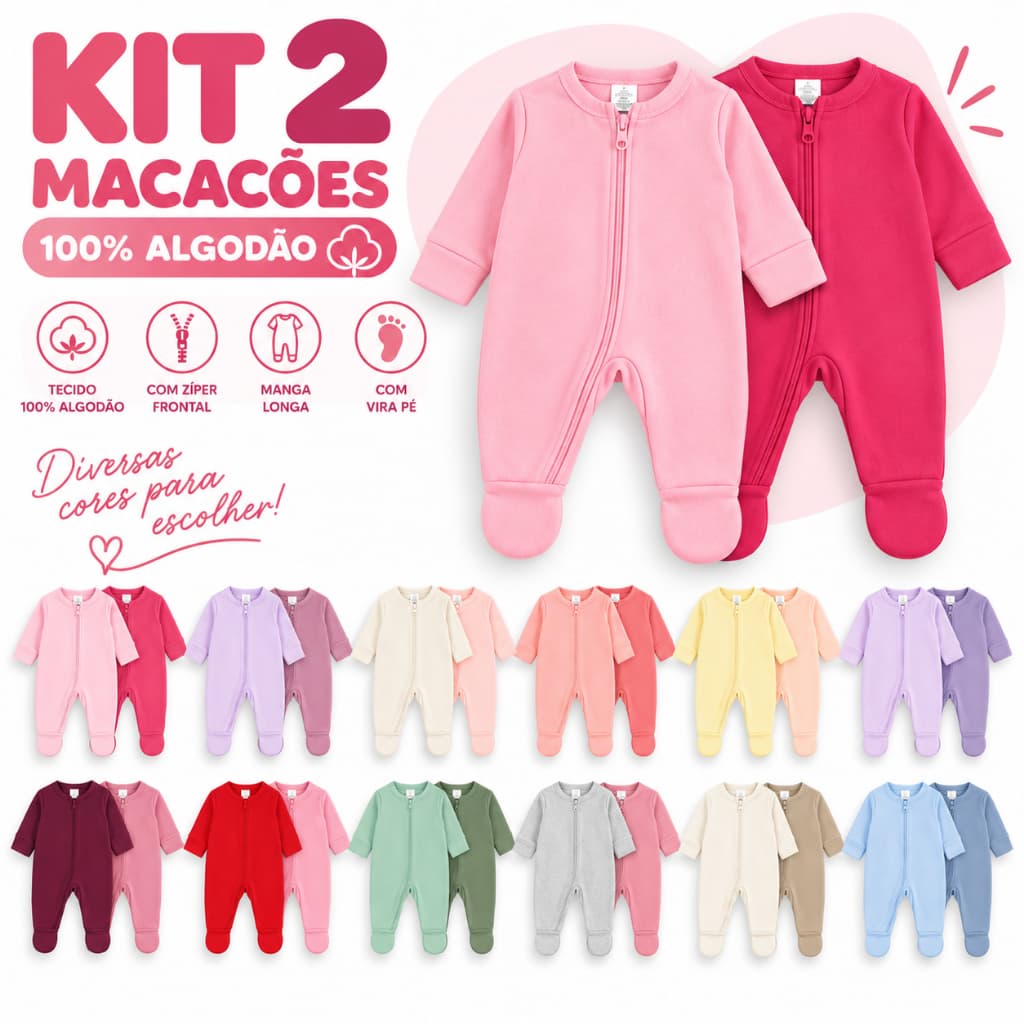 Kit 2 Macacões Bebê Zíper Menina Enxoval Liso Algodão Vira Pé Inverno Infantil Macio Macacão