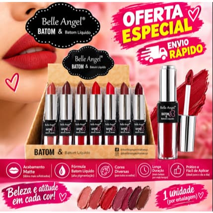 Belle Angel Batom & Batom Líquido – Matte, Alta Pigmentação, Cores Intensas e Longa Duração para Lábios Lindos