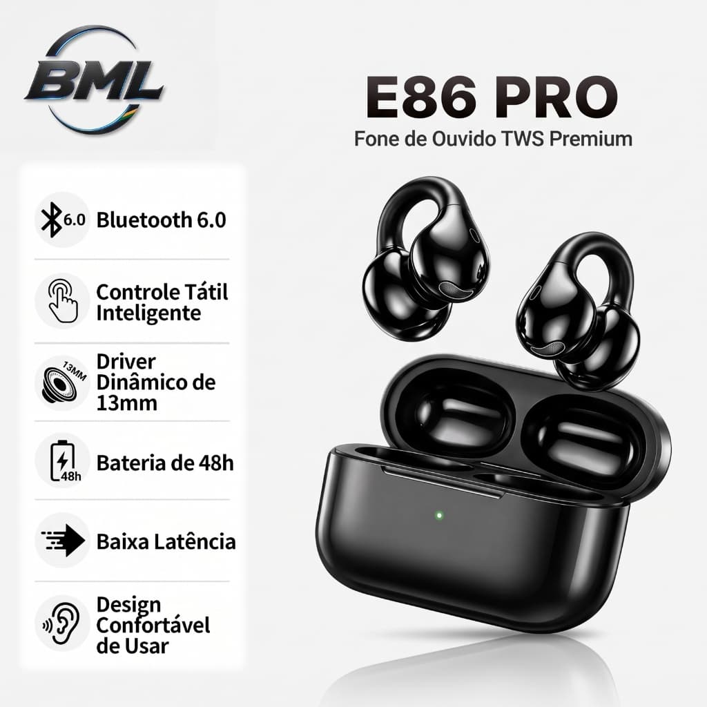 BML Fone de Ouvido Bluetooth Sem Fio E86 Pro Clip-on, Bluetooth 5.4 para Academia Caminhada e Uso Diário