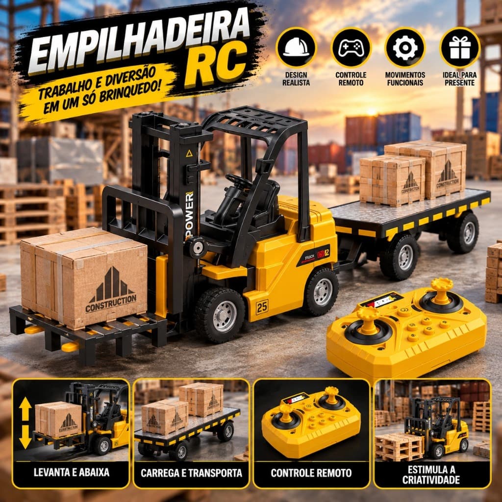Mini empilhadeira com reboque, Carrinho de Controle Remoto, Brinquedo educativo.