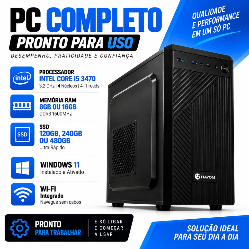 PC Completo Intel Core I5 3470 8GB 16GB RAM SSD 120GB 240GB 480GB Windows 11 WiFi Computador