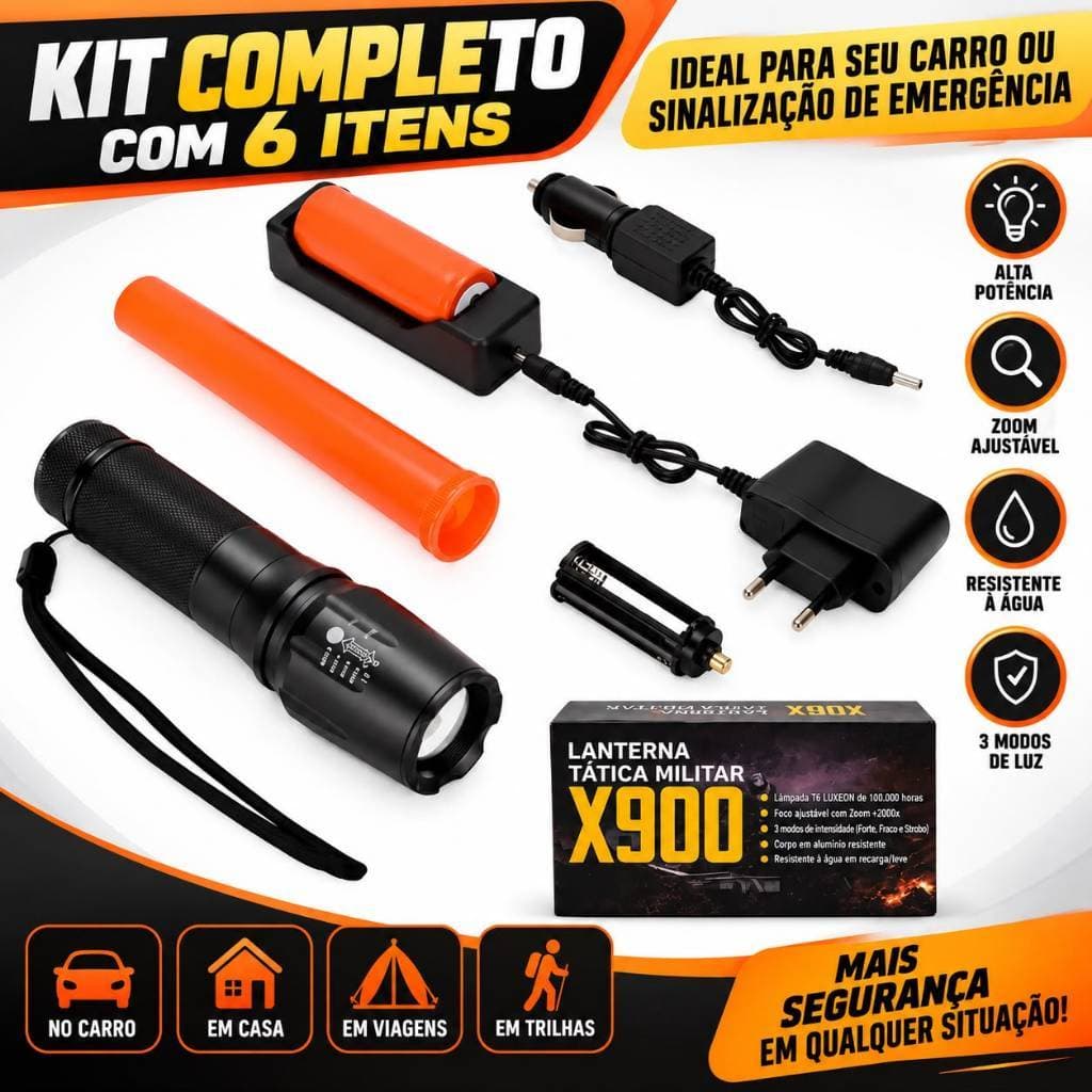 Kit Lanterna Tática X900 Militar Profissional Completo + Bateria + Carregador +Carregador Veicular + Sinalizador + Caixa