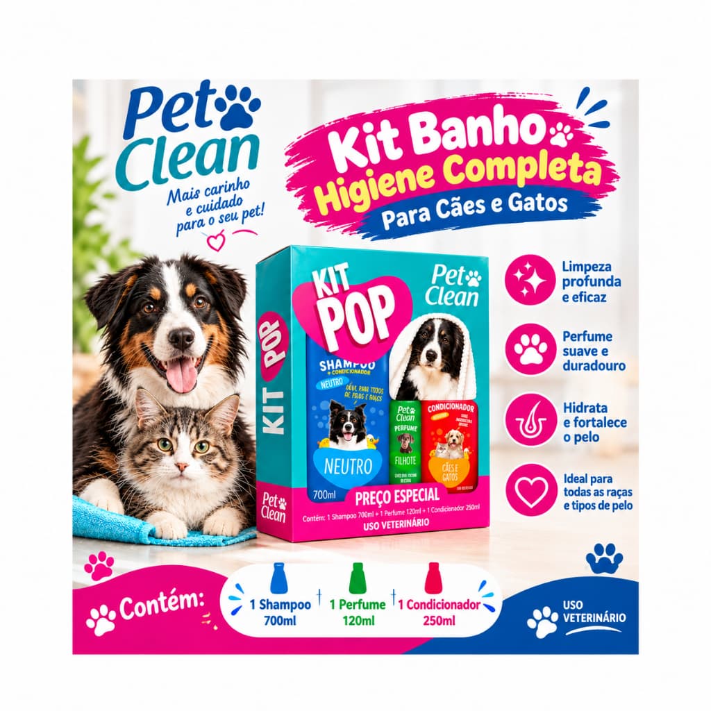 Kit Banho Pet Clean Higiene Completa Para Cães E Gatos 1 Shampoo + 1 Perfume + 1 Condicionador