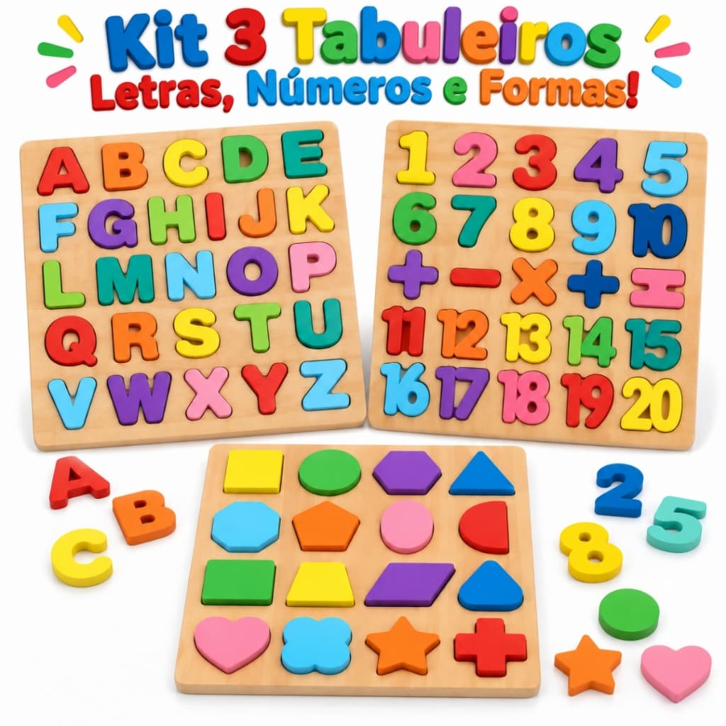 Kit 3 Tabuleiros Madeira Montessori Brinquedo Educativo 3 Anos Alfabeto Letras Números Formas