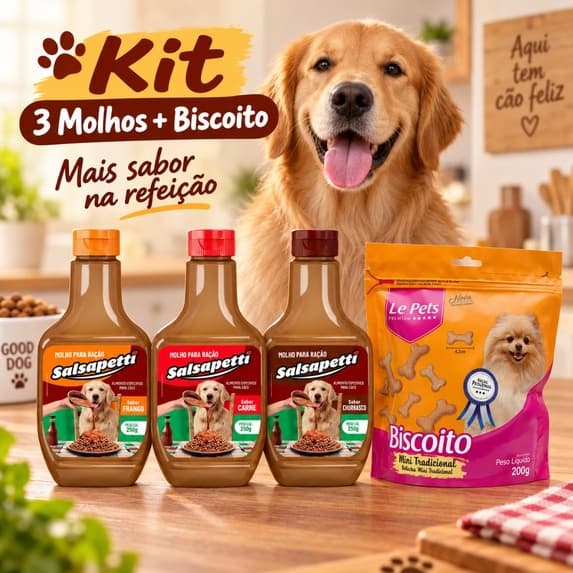 Kit 3 Molho para Ração de Cachorro 250g Frango Carne Churrasco + Biscoito para Cachorro Mini 200g Salsapetti Sachê