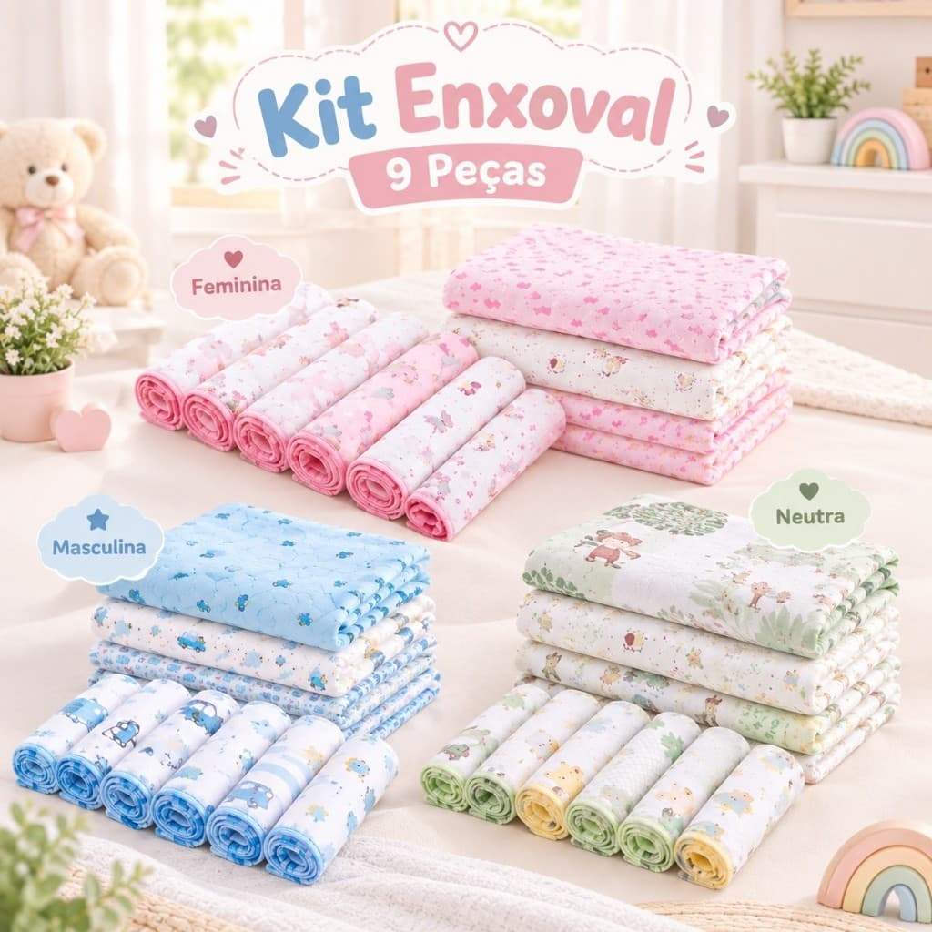 Kit Enxoval 9 Peças - 3 Cueiros e 6 Paninho de boca