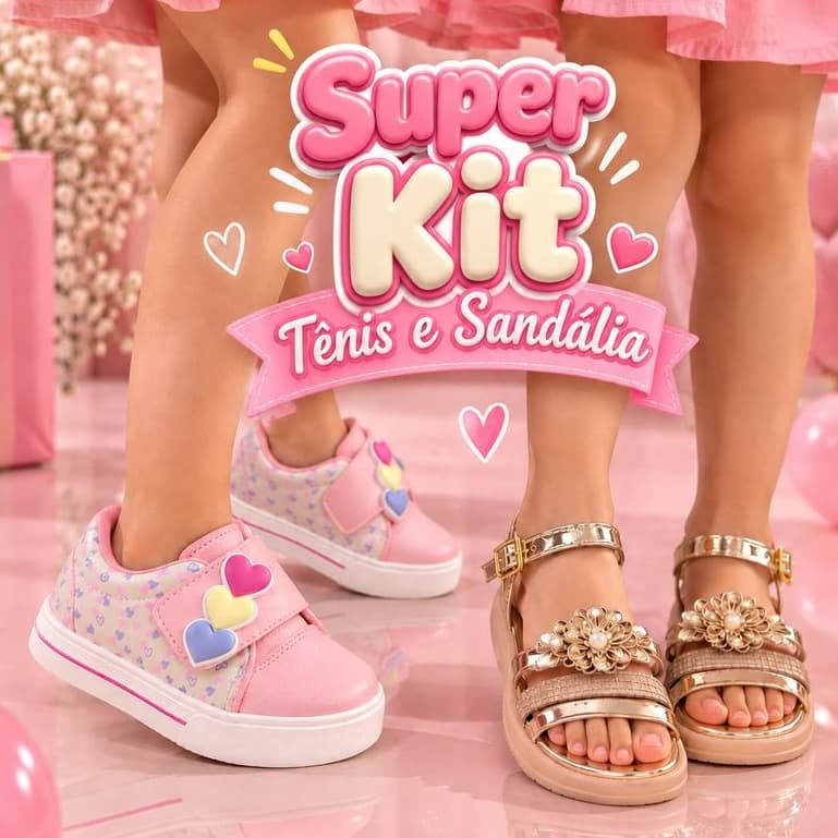 Kit Calçado Infaltil Menina Tenis Coração e Sandalia Flores Dourada Confortavel Antiderrapante