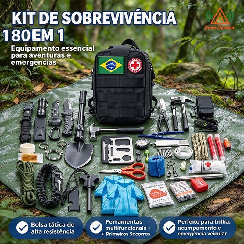 Festa Kit de Sobrevivência 180 Peças Mochila Camping Trilha com Primeiros Socorros
