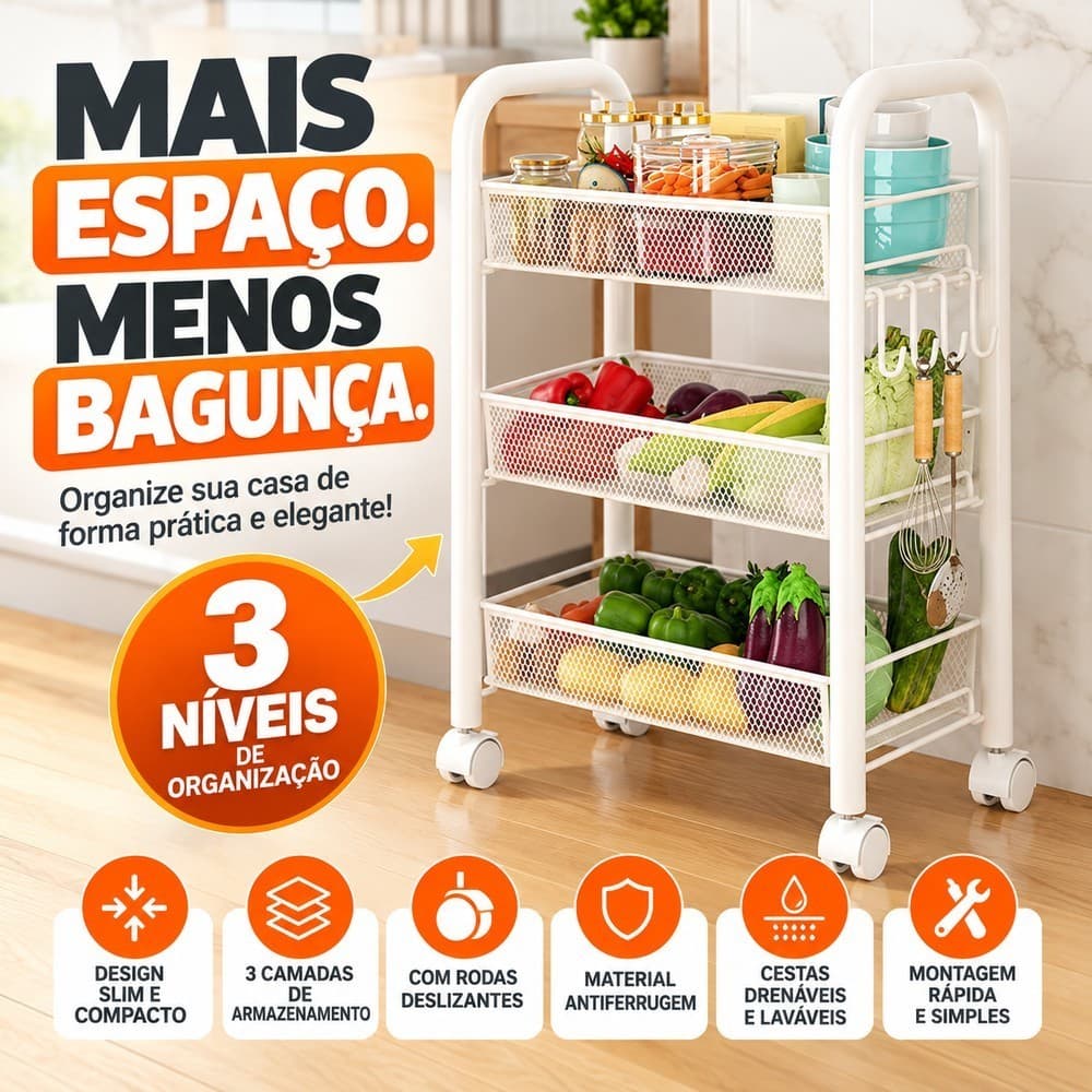 Carrinho Organizador 3 Andares Multiuso com Rodinhas 4 Ganchos Cesto Metálico para Cozinha Banheiro Branco