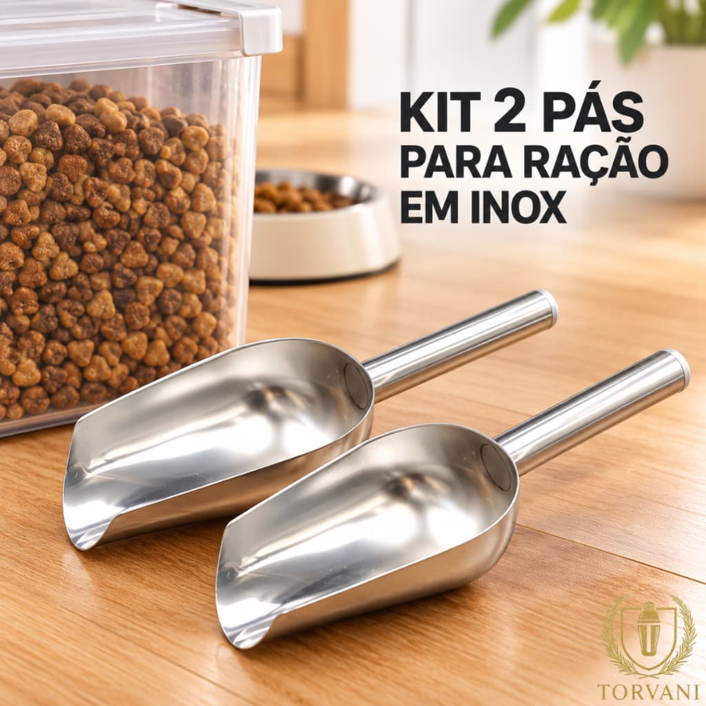 Kit 2 Pás Dosadoras de Ração Inox Concha Funda Cabo Tubular para Pote de Cachorro e Gato
