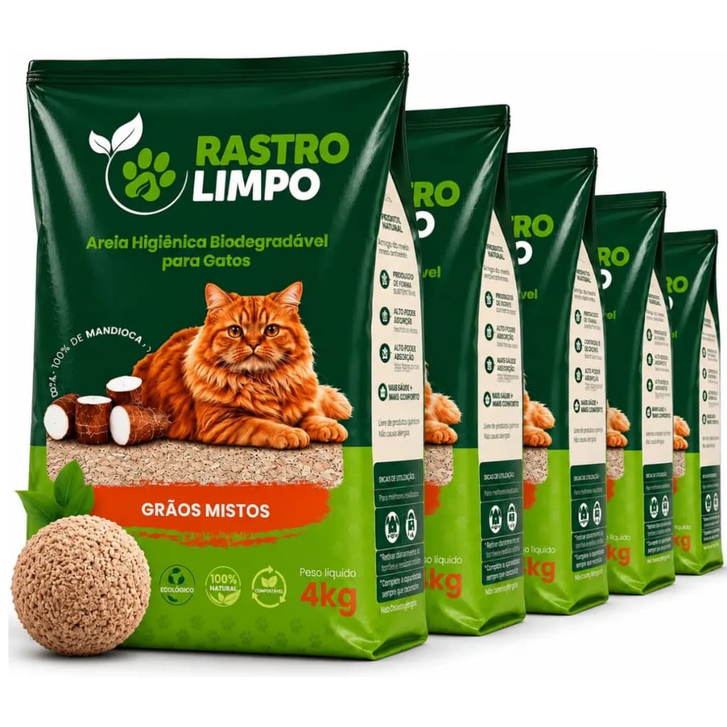 Areia Sanitária Para Gatos 100% Mandioca Biodegradável Grãos Mistos Higiênica Granulado 20kg Rastro Limpo