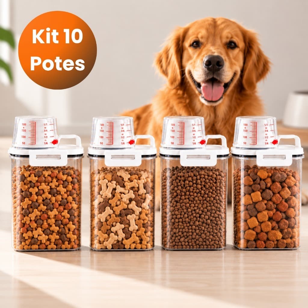 Kit 10 Potes Herméticos Para Ração Pet 2,5L Com Dosador Porta Ração Gato Cachorro Organizador