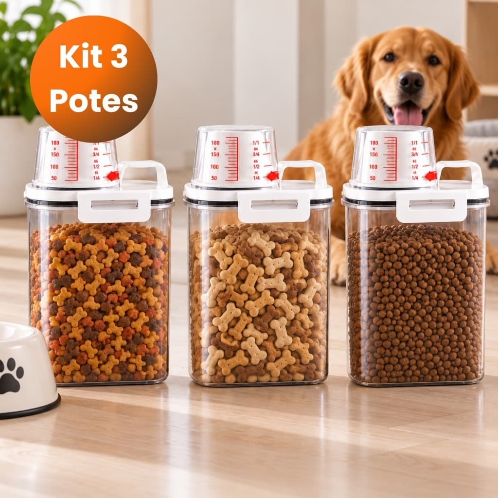 Kit 3 Potes Para Ração Pet 2,5L Hermético Com Dosador Porta Ração Cachorro Gato Organizador